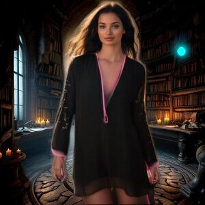 Oscar de la Renta Pink Label Black Sheer Pink Floral Accent Kimono Robe,…